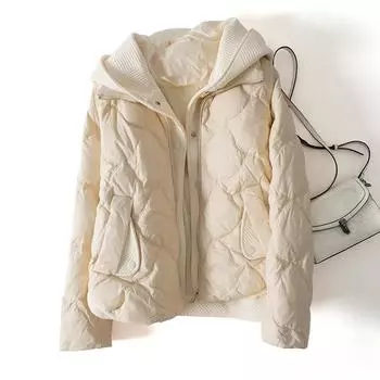 МОДА 2024 Зимняя мода Сращивание двухслойный искусственный двухсекционный с капюшоном короткий повседневный пух женский белый утиный пух зимняя одежда S