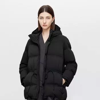 МОДА 2024 Зимняя мода Средняя и длинная пуховая женская утолщенная свободная и удобная теплая одежда с воротником-стойкой и капюшоном на завязках M чёрный