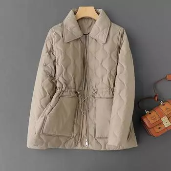 МОДА 2024 Зимняя мода Тыквенный тисненый лацкан на талии 90% Белый утиный пух Средний легкий пух Женская теплая зимняя одежда S хаки