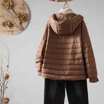 МОДА 2024 Зимняя новая белая утиная пуховая женская короткая с капюшоном легкая однотонная свободная модная теплая одежда S