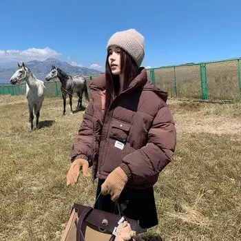 МОДА 2024 Зимняя новая хлопковая куртка с капюшоном, женская короткая свободная утолщенная модная одежда из хлопка S бежевый