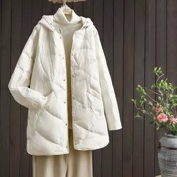 МОДА 2024 Зимняя новая легкая куртка-пуховик женская куртка средней длины с капюшоном ретро универсальная облегающая белая куртка-пуховик на утином пуху одежда S хаки