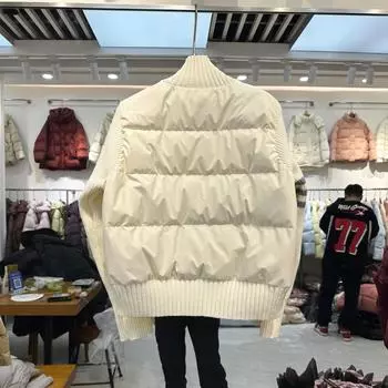 МОДА 2024 зимняя новая легкая куртка-пуховик женская короткая трикотажная сращивание рукавов топ иностранный стиль воротник-стойка куртка модная одежда S белый