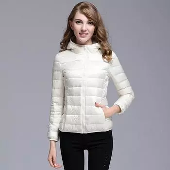 МОДА 2024 Зимняя новая легкая тонкая куртка-пуховик женская короткая с капюшоном тонкая тонкая осенняя одежда куртка большого размера модная одежда S белый