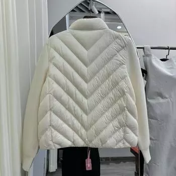 МОДА 2024 зимняя новая мода маленькая стойка горловина сращивание трикотажные рукава 95 гусиный пух женская короткая саржа пуховая Одежда S чёрный