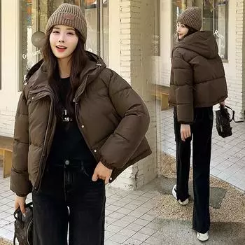 МОДА 2024 Зимняя новая одежда с пуховой подкладкой Женская свободная короткая одежда с капюшоном Утепленные куртки Утолщенная одежда из хлеба Одежда M чёрный