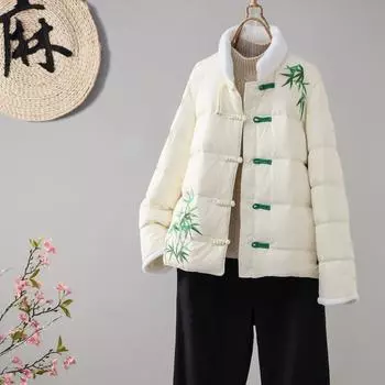 МОДА 2024 зимняя новая ретро-стойка с вышитым белым утиным пухом, женское теплое короткое пальто в китайском стиле с дисковой пряжкой Одежда M хаки