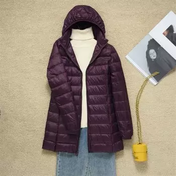 МОДА 2024 Зимняя новая тонкая куртка-пуховик женская средней длины с воротником-стойкой и капюшоном, съемная облегающая одежда M чёрный