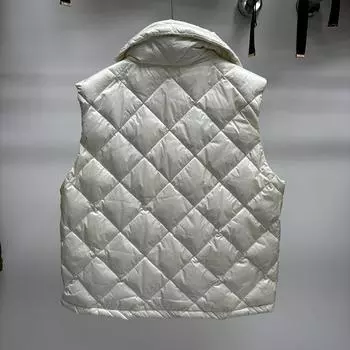 МОДА 2024 зимняя новинка лацкан молния ромб решетка тесьма тонкий и тонкий универсальный пуховый жилет Одежда M чёрный