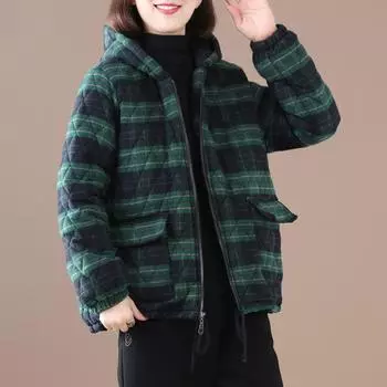 МОДА 2024 Зимняя одежда из хлопка и льна большого размера для женщин, короткий свободный повседневный топ с хлопковой подкладкой в клетку с хлопковой подкладкой Одежда L красный