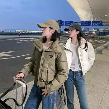 МОДА 2024 зимняя одежда новая студенческая свободная и тонкая утолщенная маленькая стойка воротник короткая хлопковая подкладка одежда женская модная куртка Одежда S чёрный