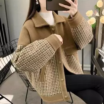 МОДА 2024 зимняя шерстяная куртка в сетку «Thousbird», женская версия в ленивом стиле, свободная вязка, имитация двухстороннего шерстяного маленького кардигана S80-100 темно-коричневого