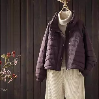 МОДА 2024 Зимняя свободная стойка с воротником-стойкой, женская литературная облегающая короткая с длинным рукавом 90 см, белая утиная пуховая женская верхняя одежда S чёрный