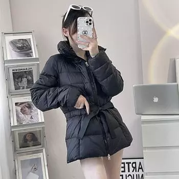 МОДА 2024 Зимняя толстая белая утиная пуховая женская короткая зимняя облегающая белая утиная пуховая теплая одежда с высоким воротом и шнуровкой S чёрный