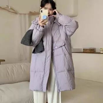 МОДА 2024 зимняя высококачественная новая длинная куртка-пуховик пушистый белый утиный пух утолщенный повседневный свободный капюшон пальто Одежда S