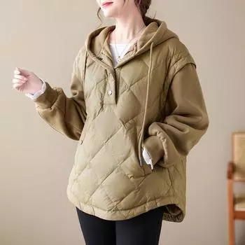 МОДА 2024 Зимняя женская легкая и пуховая толстовка с капюшоном большого размера, зимняя одежда из белого утиного пуха one size fits all хаки