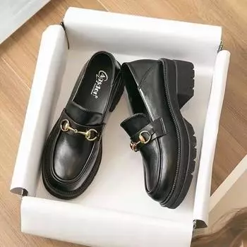 Мода 2024Новинка, туфли на высоком каблуке, маленькие кожаные туфли, универсальные, в стиле One Step Stepping, британские ретро, на толстой подошве, увеличивающие рост, мокасины на высоком каблуке 35 чёрный