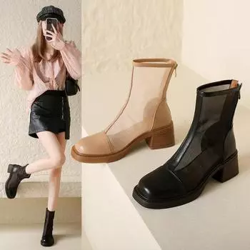 мода 2024Summer Новые женские сапоги Модные квадратные носки Полые сетчатые молнии Толстые каблуки Ботильоны Сандалии Ночной клуб Банкетная обувь Botines 34 чёрный