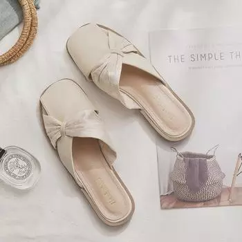 мода 2024Женская обувь Bow Tie Flat Slippers PlasticSandals Women Elegant Sandals Woman Luxury Mule Shoes 35 бежевый