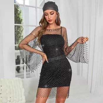Мода 2025 22 новая сексуальная облегающая короткая черная ажурная рыболовная сетка со стразами верхняя куртка длинный рукав 2 one size fits all
