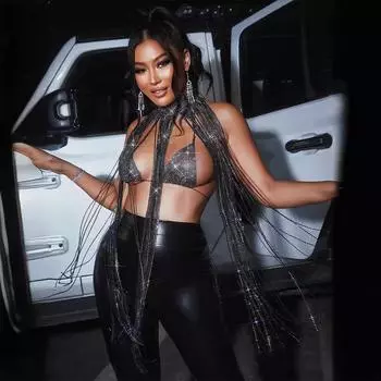 Мода 2025 22 сексуальный флэш алмаз кисточка воротник сращивание женский костюм из двух частей комплект 2 one size fits all
