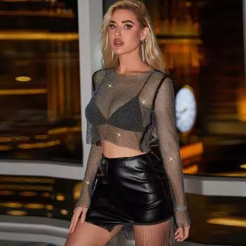 Мода 2025 года, хит продаж, эластичная сетка, стразы, полый полупрозрачный сексуальный топ XS чёрный