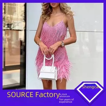 Мода 2025 года Многоцветное платье с кисточками и пайетками V-образным вырезом с перьями Large бежевый