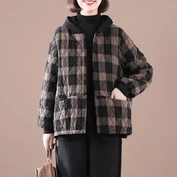 МОДА 2025 года, новая теплая одежда с хлопковой подкладкой, корейская версия, свободная и тонкая, с капюшоном, повседневная женская одежда большого размера в клетку, короткое пальто L красный