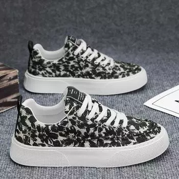 Мода 2025 года, новая весенняя удобная обувь на толстой подошве, мужская корейская версия, тенденция увеличения повседневных мужских туфель, напечатанные парусиновые туфли 39 белый