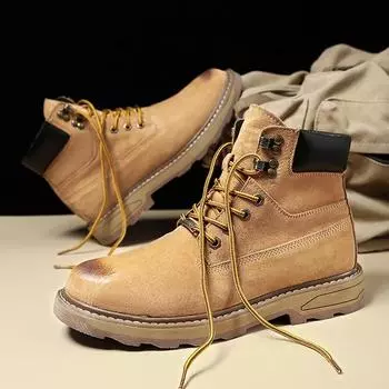 Мода 2025 года, новые рабочие ботинки из натуральной кожи для улицы, мужские ботинки Martin с толстым дном, винтажный стиль, износостойкий материал голенища из нейлона 38 жёлтый