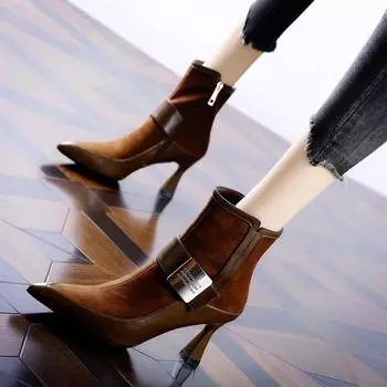Мода 2025 года, новые женские ботинки осень-зима, ботильоны из натуральной кожи, модная женская обувь с острым носком и высокими каблуками-шпильками, современные ботинки 34 коричневый