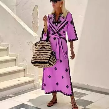 Мода 2025 года осень и зима новый набивной пояс конопля бохо платье женская одежда S бежевый