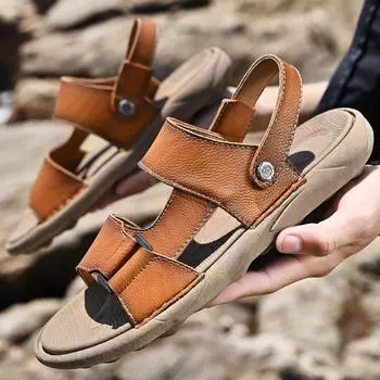 Мода 2025 Лето Новые плоские сандалии из кожи без застежек для мужчин Модные нескользящие тапочки для мужчин Удобные песчаные пляжные мужские сандалии 38 шоколадный