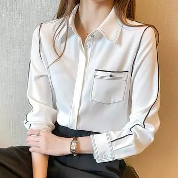 Мода 2025 Весна Блузки Рубашки Длинный Рукав Отложной Воротник Офисная Женская Белая Блузка Рубашка Женские Топы J764 S белый