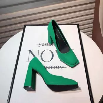 мода 2025 Весна Дизайнерские женские туфли-лодочки Модные неглубокие туфли без застежек Женские удобные туфли на высоком каблуке Офисные женские туфли 35 зелёный