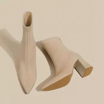 мода 2025 весна осень женские эластичные носки сапоги модные заостренные носки короткие сапоги женские элегантные толстые каблуки Botas Mujer 35 абрикосовый