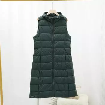 МОДА 2025 зима новый пуховый жилет женский удлиненный тонкий с капюшоном легкий универсальный жилет куртка Одежда M тёмно-синий