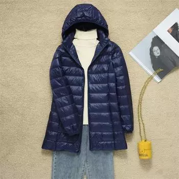 МОДА 2025 Зимняя новая тонкая куртка-пуховик женская средней длины с воротником-стойкой и капюшоном, съемная облегающая одежда M