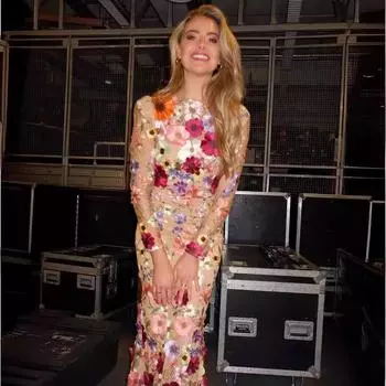 Мода 24 Весна/Лето Круглый вырез Цветная трехмерная цветочная вышивка Сетка Облегающее платье с бедрами Рыбий хвост Длинное платье S абрикосовый