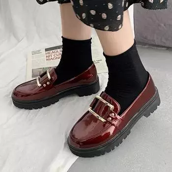 Мода 24 Весна Женские Лоферы Лакированная Кожа Платформа Туфли Металлические Слипоны Плоские Женские Оксфорды Туфли Черный Zapatos Mujer Платформа Trafza 4 вино красного