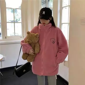 МОДА 300 г имитация овечьей шерсти] Осенне-зимнее утолщенное флисовое новое свободное универсальное ленивое ветровое теплое студенческое пальто женская одежда S абрикосовый