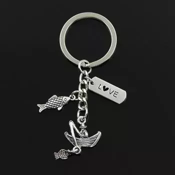 Мода 30 мм брелок для ключей ювелирные изделия рыбак лодка любовь рыбалка кулон с рыбой серебряный