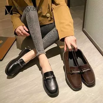 Мода 42/43 Большие размеры дерби с кристаллами и цепочкой женские мокасины с квадратным носком на плоской подошве британские маленькие кожаные туфли женские толстые каблуки оксфорды 4.5 чёрный