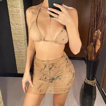 Мода 4 цвета Tie Dye с юбкой-халтер бикини женский купальник женский купальник из трех частей бикини комплект купальный костюм купальный костюм S синий