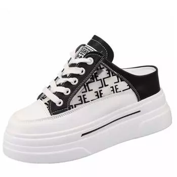 мода 8 см весна лето женские тапочки мода Баотоу полутапочки носить новый стиль кексы шнуровка повседневные сетчатые тапочки женские 34 чёрный