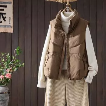 МОДА 90 белый утиный пух легкий и тонкий стоячий воротник пуховый жилет женский короткий 2024 зима новый корейский вариант свободный жилет модная одежда S оранжевый