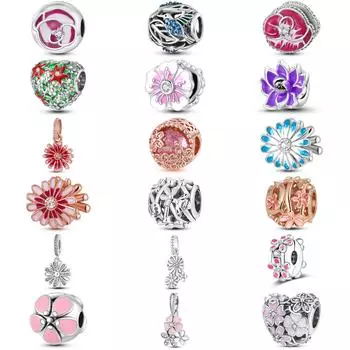 Мода 925 Серебряный Подвесной Шарм Бусины Весенний Цветок Подходит Оригинальный Браслет DIY Для Ожерелья Подвески Изготовление Женщин Подарок