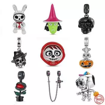 Мода 925 Серебряный Шарм Скелет Шарик Хэллоуин Пасха Кулон Защитная Цепочка Подходит Оригинальный Модный Браслет DIY женский Висячий Подарок