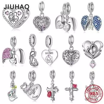 Мода 925 стерлингового серебра розовый Cz крест ангел сердца бусины подходят оригинальные подвески браслет ювелирные изделия мать семья подарок