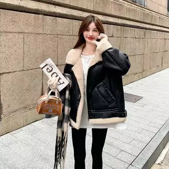 МОДА экологичный мех интегрированная овечья шерсть куртка женская осень-зима искусственная замша овечья шерсть мотоциклетная куртка высокого класса Одежда S